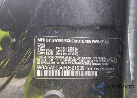 2015 BMW 528I from USA, damaged, VIN WBA5A5C56FD521939
